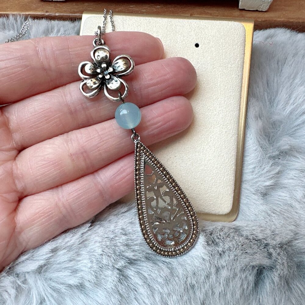 Two Tone Chalcedony Floral Drop Long Necklace